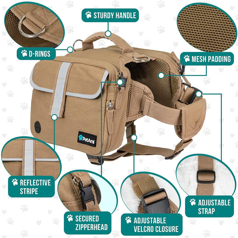 PetAmi Dog Backpack for Medium Large Dogs, Dog Saddle Bag for Dogs to Wear, Tactical Harness Saddlebag with Reflective Safety Side Pockets for Hiking, Camping, Vest Dog Pack for Travel (Tan, Medium) Tan Canvas - PawsPlanet Australia