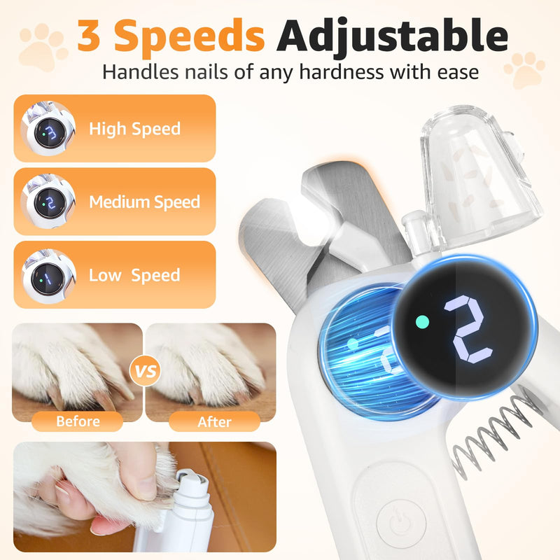 2-in-1 Dog and Cat Nail Grinder and Clipper - 3-Speed Adjustable Electric with Manual Head, Quiet Motor and LED Light for Safe Trimming, Professional Grooming Tool for All Pets