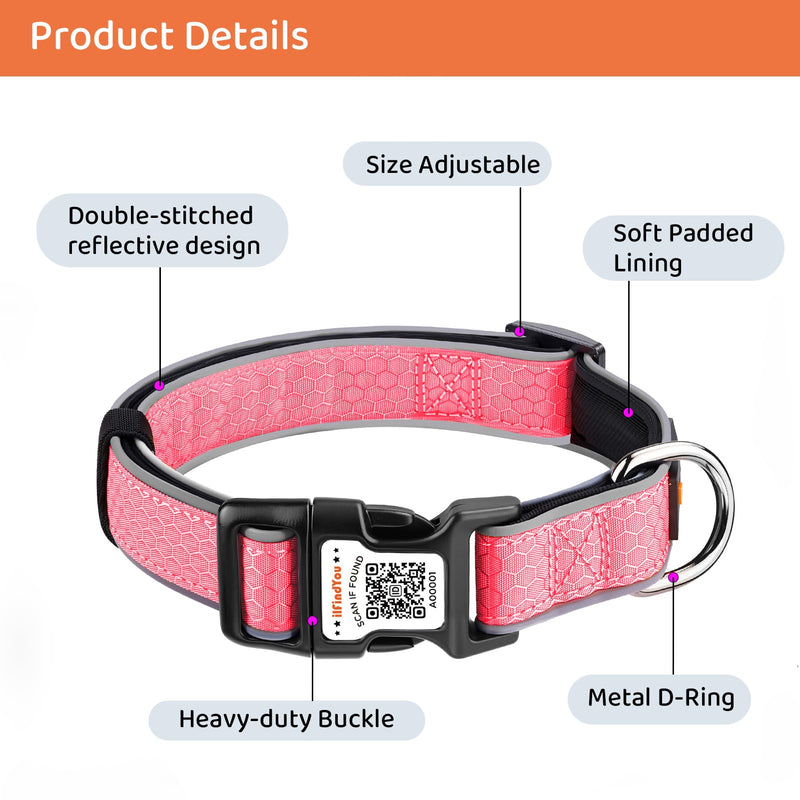 Personalized Dog Collar with QR Code tag for pet ID, Reflective Safety Collar, Suitable for Small, Medium, and Large Dogs (Pink, Large) Pink - PawsPlanet Australia