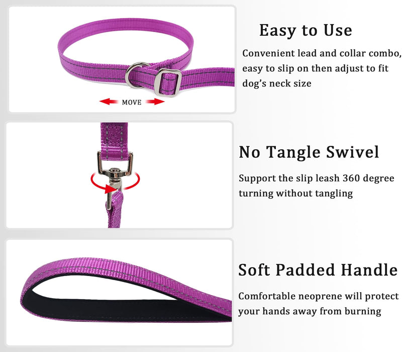 Slip Leash Dog Training Lead, Reflective Tangle-Free Adjustable No Pull Control Leash, 6 FT 3/4" Flat Wide Nylon with Padded Handle for Small Medium Dogs, Purple 3/4" x 6ft - PawsPlanet Australia