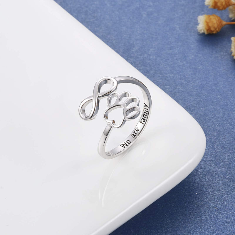 Puppy Pet Lovers Paw Print Ring Heart 925 Sterling Silver Adjustable Ring Pet Animal Jewelry Creative Pierced Love Dog Cat Claw Ring Pet Loving Friend Families Gifts Silver infinity paw ring