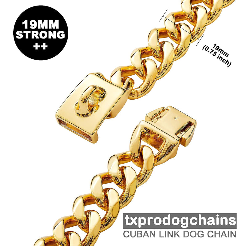 txprodogchains Big Dog Chain Collar with Buckle Strong Heavy Duty 19MM Thick Wide Stainless Steel Metal 18K Gold Cuban Link Chain Collar for Large Dogs 26" ( Fits Neck 24" to 25.5") - PawsPlanet Australia