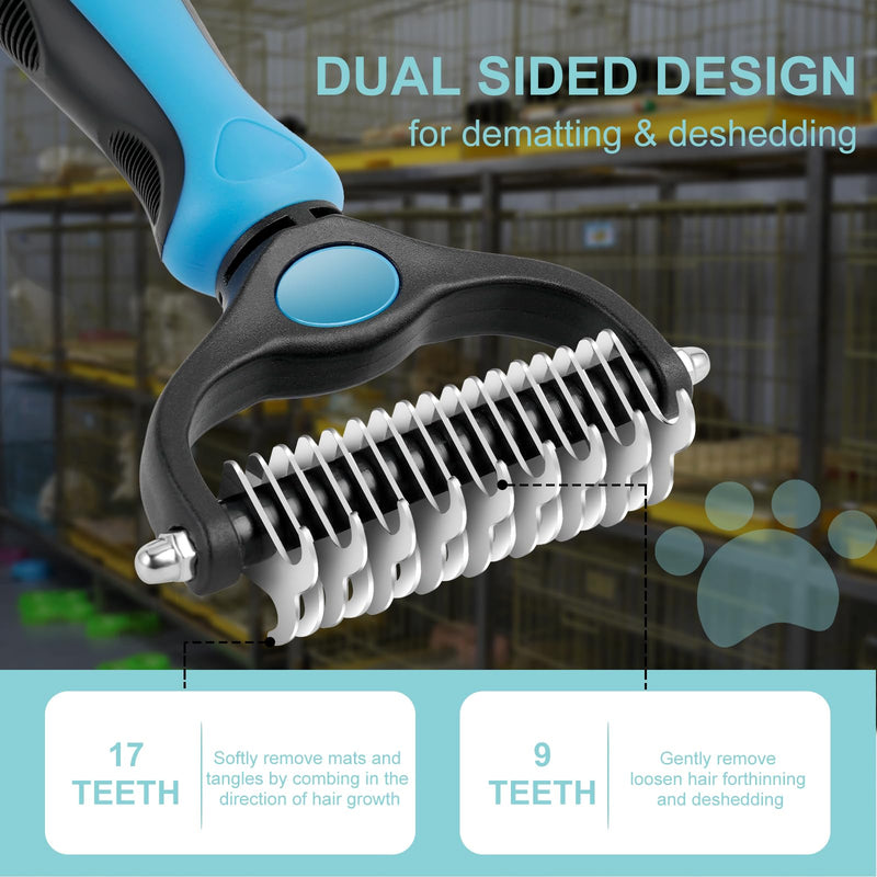 Pet Grooming Brush, Double Sided Undercoat Rake for Dogs & Cats, Professional Deshedding Brush and Dematting Tool, Safe and Effective Removing Knots, Mats, Tangles,and Flying Hair (Blue) Blue - PawsPlanet Australia
