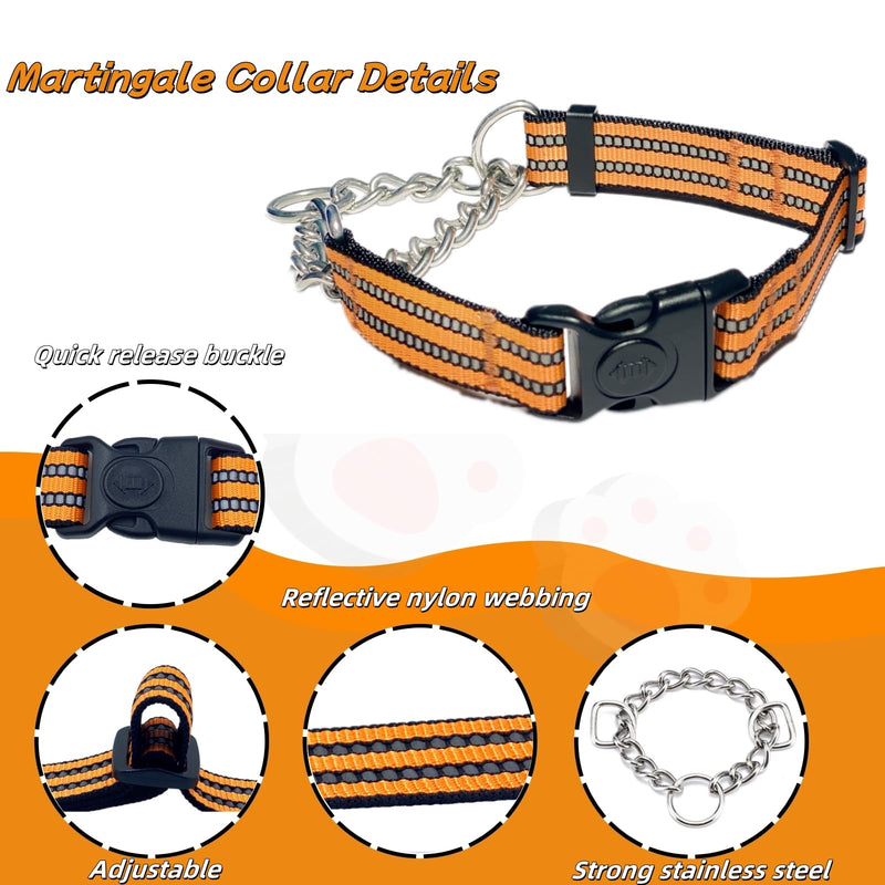 Martingale Dog Collars, Reflective Nylon Collar with Stainless Steel Chain, Adjustable Walking Training Dog Collars with Quick Release Buckle, Suitable for Small Medium Large Dogs(Orange,XL) Extra Large-(dog's neck 20~25.5inches) Orange - PawsPlanet Australia