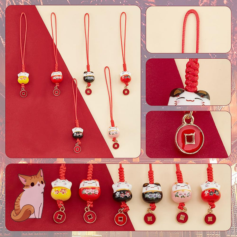 PH PandaHall 7pcs Lucky Cat Keychains Ceramic Beckoning Cat Charms Keyrings Pendant Maneki Neko Ornament Fortune Pendants Mobile Phone Pendant with Coins Alloy Pendants for New Year Christmas - PawsPlanet Australia