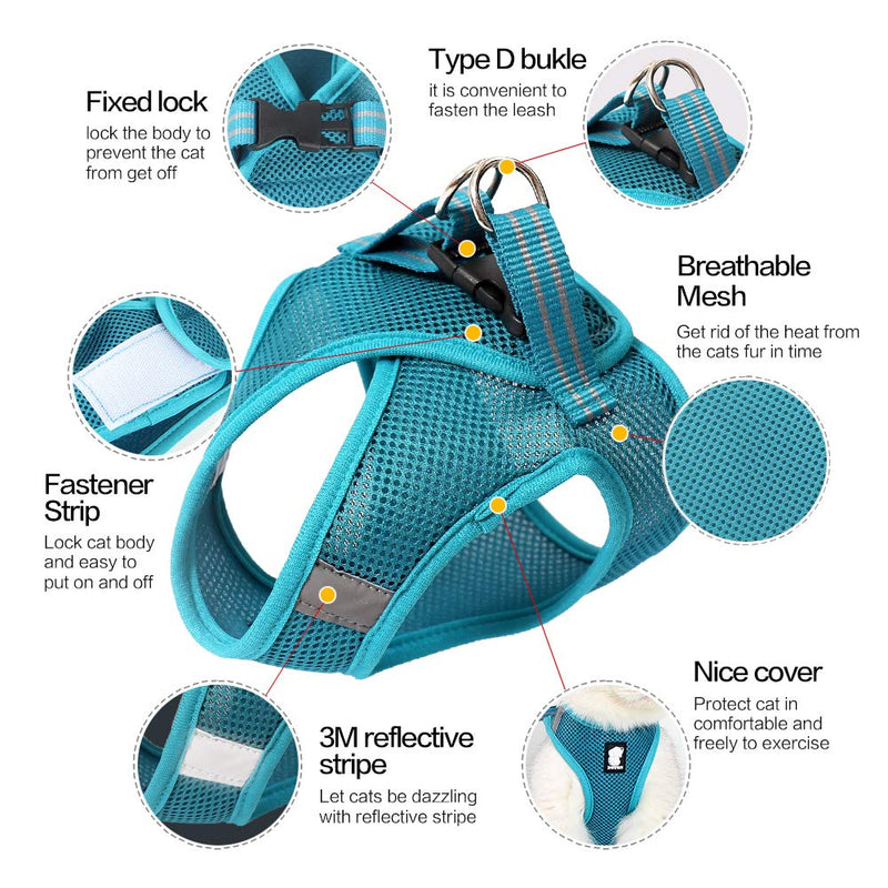 HEYWEAN Cat Harness and Leash - Ultra Light Escape Proof Kitten Collar Cat Walking Jacket with Running Cushioning Soft and Comfortable Suitable for Puppies Rabbits Medium Turquoise
