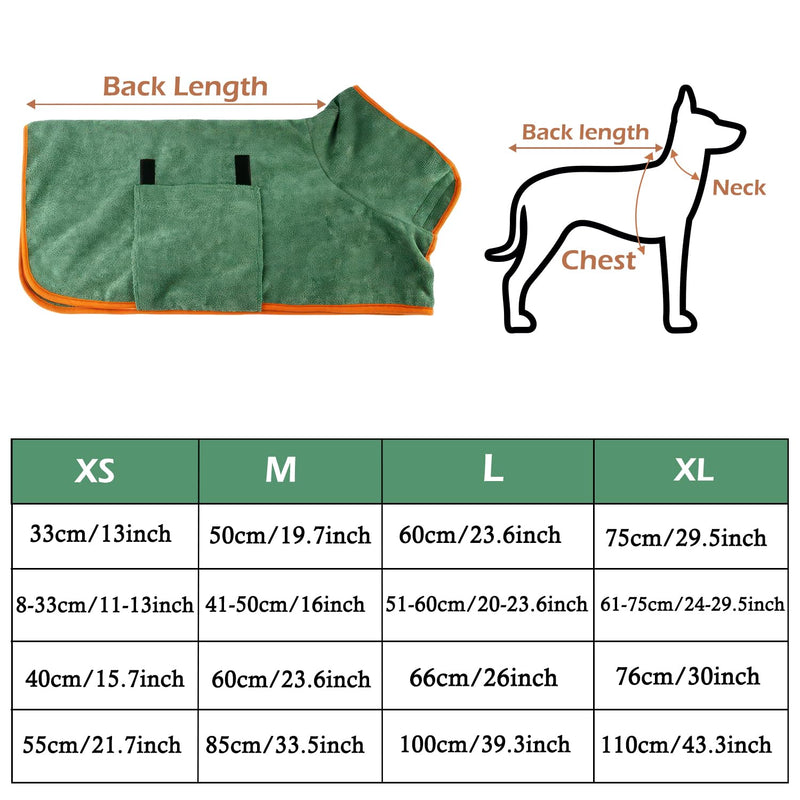 Microfiber Dog Towel Robe – Absorbent Quick Dry Bathrobe for Small, Medium, Large Pets – Adjustable Neck & Waist for Dogs, Cats 77-100 lbs – Dark Green XL - PawsPlanet Australia