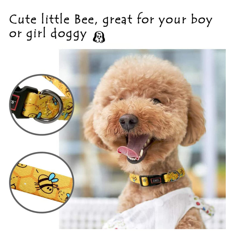 Roses&Poetry Dog Collar with Colourful Bee Patterns, Adjustable Durable Puppy Collars for Small Medium Large Dogs (Bee-XS) XS Golden