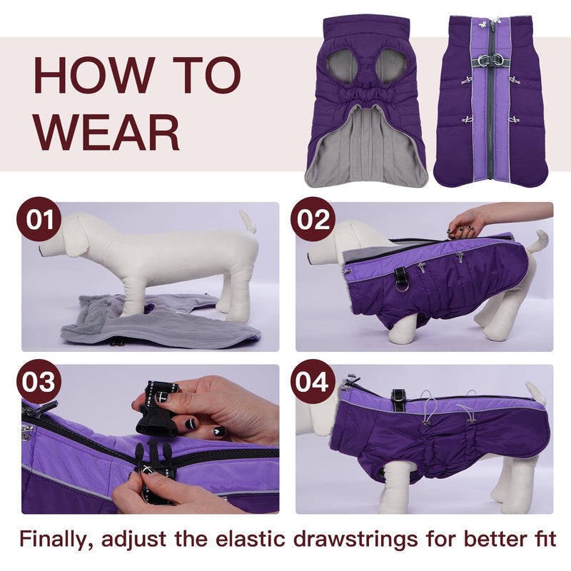 Dog Coat Winter Warm Dog Jackets for Medium Dogs Reflective Snowsuit with Harness Fleece Dogs Snow Jacket Vest Waterproof Pet Clothes for Cold Weather Purple