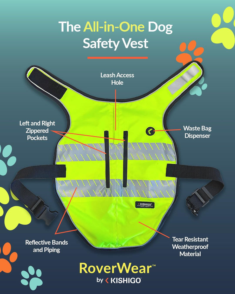 Reflective Dog Safety Vest, Harness and Collar Compatible, Waste Bag Holder, Water Resistant, Adjustable Neck and Chest, Day or Night Walking, High-Visibility Protection (Lime, S) Small - PawsPlanet Australia