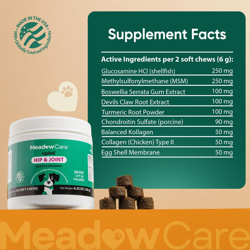 Hip and Joint Supplement for Dogs | MSM, Chondroitin & Glucosamine for Dogs | Supports Bone, Cartilage & Connective Tissue Health | Dog Joint Supplement | 60 Soft Chews180 g (6.35 oz) | MeadowCare - PawsPlanet Australia