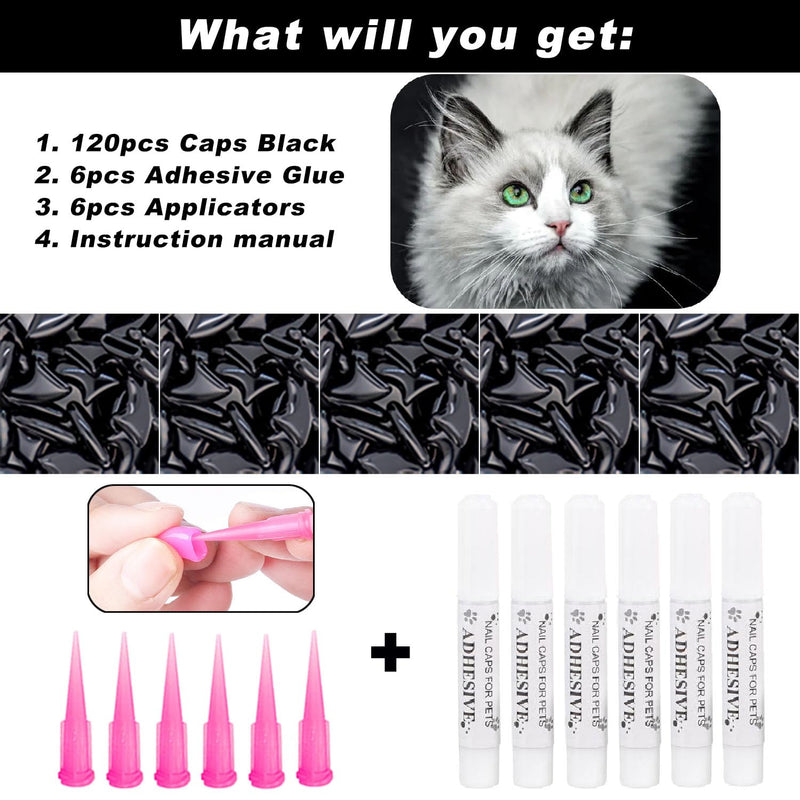 VICTHY 120pcs Cat Nail Caps | Cat Claw Caps | Cat Nail Covers with Adhesives and Applicators (Black L)