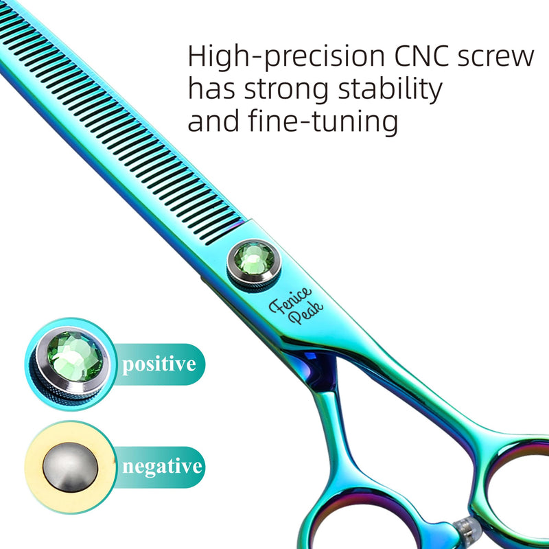 FENICE PEAK 7'' Green Thinning Dog Grooming Scissors Pet Shears with Ergonomic Offest Handle and Simulated Emerald Screw 440C Grooming Scissors Trimming Shears Durable and Sharp Thinner 7"