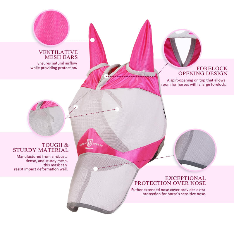 Harrison Howard Full Face Horse Fly Mask UV Protection and Breathable for Equine Use Comfortable Magenta S
