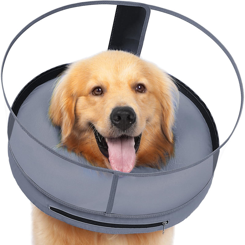 BARKLESS Inflatable Pillow Cone for Dogs, Soft Donut Collar After Surgery to Stop Licking Wounds, Inflatable Collar with Clear Shield, Cone of Shame Alternatives Grey XL