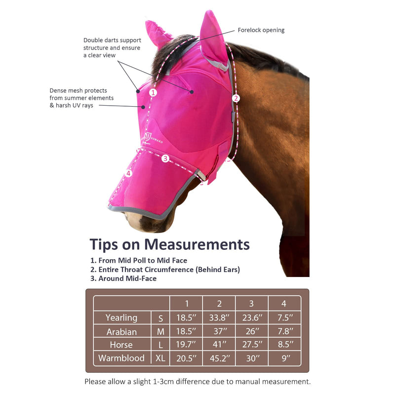 Harrison Howard UV-Proof Forelock Opening Reliable Protection Horse Fly Mask Long Nose with Ears Magenta Horse Large Horse (Large)