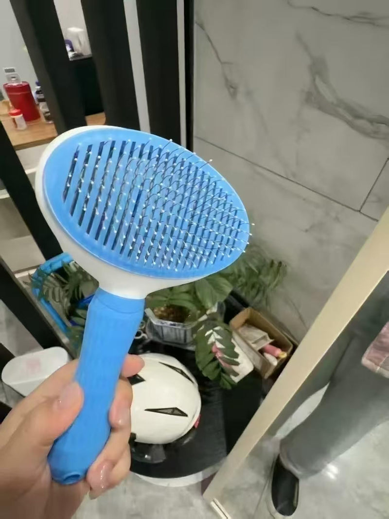 Self Cleaning Pet Brush for Shedding, One-Touch Release Dog & Cat Grooming Brush, Gentle Deshedder with Massaging Bristles for Long & Short Hair Pets - Painless Hair Remover Tool Blue