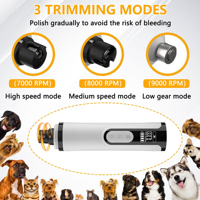 Silent Groom Pro Nail Grinder, Dog Nail Grinder Quiet, Dog Grinder for Dogs Light Painless Clipping With Led & 3 Speeds Rechargeable 2000mAh USB Charging 1+2 Replacement Head for Dog Cat Home Use