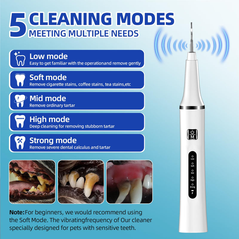Ultrasonic Pet Plaque and Tartar Remover - Teeth Cleaning Kit with LED Light, 5 Modes, 7 Brush Heads, IPX7 Waterproof for Dogs and Cats