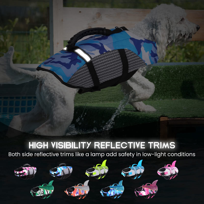 MIGOHI Dog Life Jacket, Camo Dog Life Vest with Rescue Handle for Swimming Boating Pool, High Visibility Dog Flotation Swimsuit Ripstop Doggy Lifesaver for Small Medium Large Dogs, Blue L