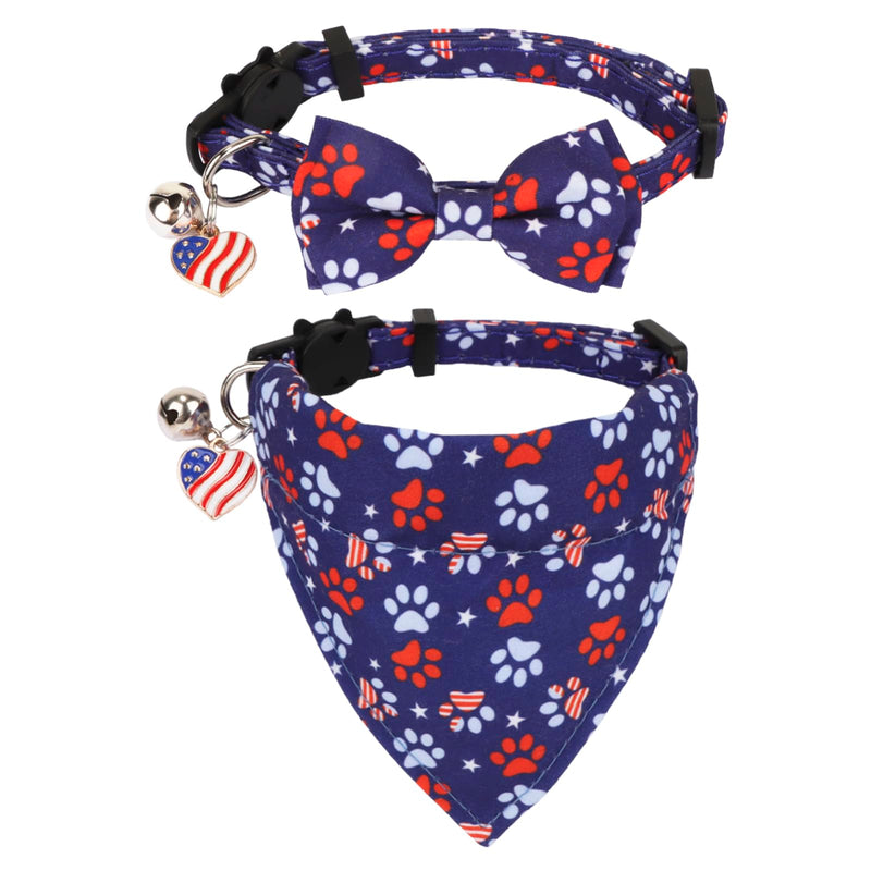 American Flag Cat Collar Breakaway with Cute Bow Tie Bell, 4th of July Cat Bandana Collar, Patriotic Cat Bowtie Collars for Cats Kittens (Blue) Blue