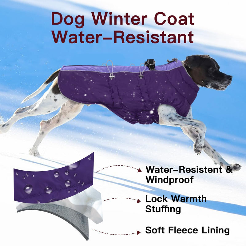 Dog Coat Winter Warm Dog Jackets for Medium Dogs Reflective Snowsuit with Harness Fleece Dogs Snow Jacket Vest Waterproof Pet Clothes for Cold Weather Purple