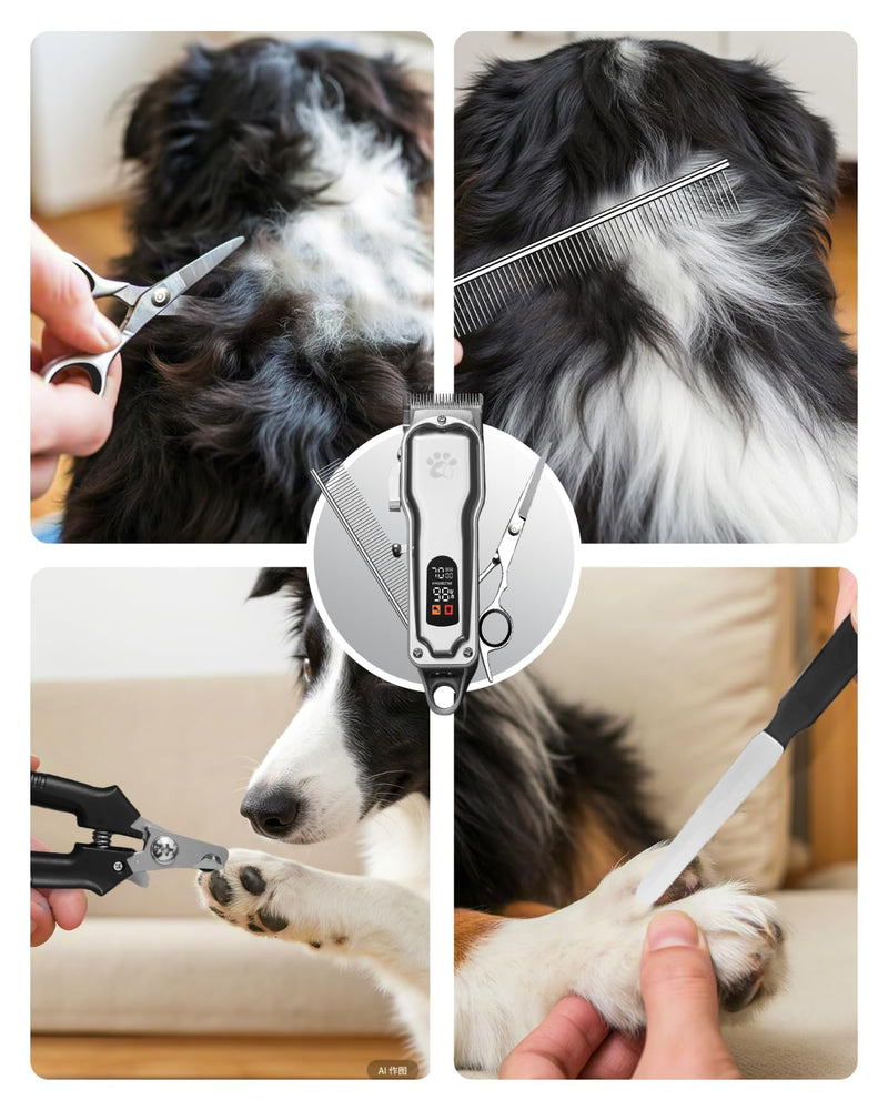 Dog Grooming Clippers Professional for Thick Hair, Full Metal Body Black Ceramic Blade LED Display Low Noise Rechargeable Cordless Dog Grooming Kit