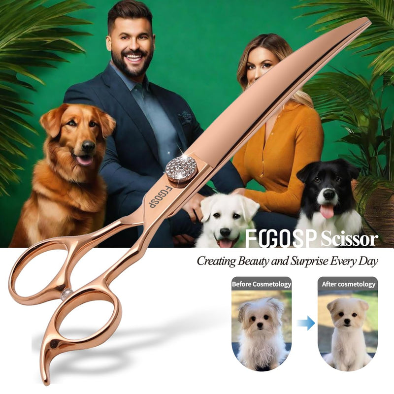 Rose Gold Titanium Curved Dog Grooming Scissors 8'' Downward 30° with Jewelled Screw Japan 440C Professional Pet Grooming Trimming Shears for Large Dogs Poodle(8,Curved) Curved Shears 8 inch - PawsPlanet Australia