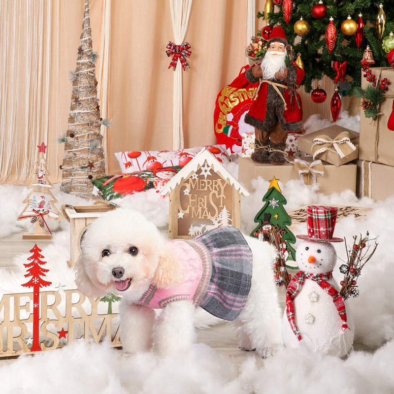 BINGPET Dog Sweater Dress - Plaid Pattern - Warm Pullover with Leash Hole V-Neck Knitwear Pet Sweater Cat Knitted Dress One-Piece Dress for Small to Medium Dog and Cat Pink - PawsPlanet Australia