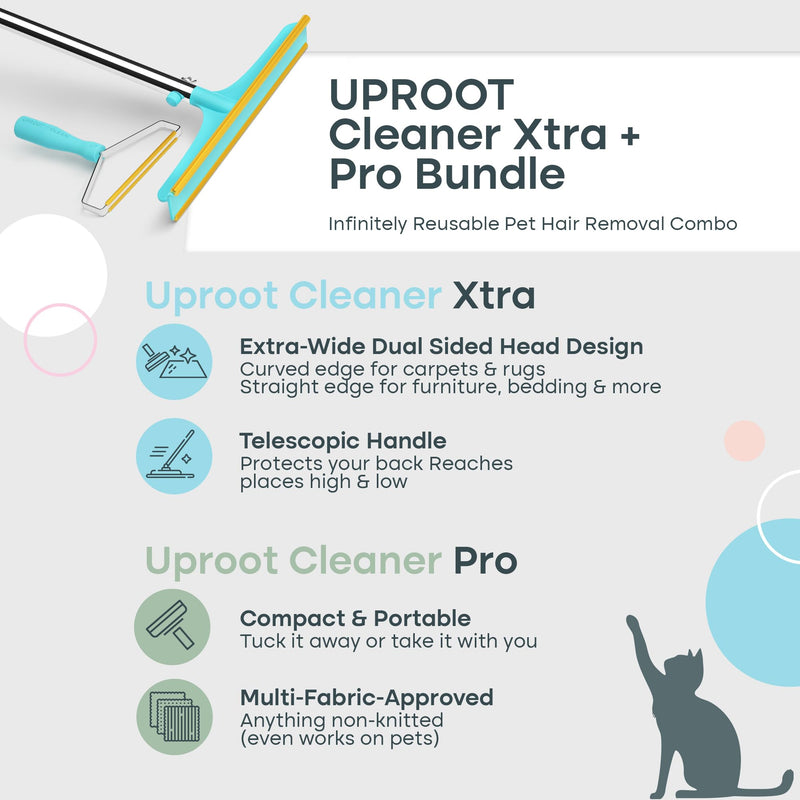 Uproot Cleaner Pro Pet Hair Remover Bundle - Including Xtra Carpet Rake for Pet Hair Removal Tool - Scrape Easy The Cat & Dog Fur from Your Carpet, Rugs, Cat Bed, Car Trunk & More Xtra + Pro - PawsPlanet Australia