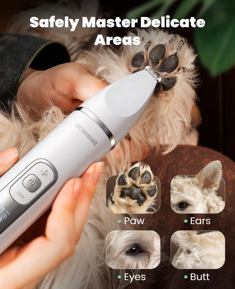 oneisall 4 in 1 Dog Grooming Kit with LCD Display, Dog Hair Trimmer for Paw Nail Grinder, Rechargeable Cordless Low Noise IPX7 Waterproof Pet Clippers (White) White