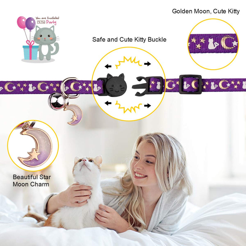 4PCS Cat Collar with Bells,Breakaway Cat Collars,Kitten Collar with Bell Moons Stars Cute Kitty Safe with Pendant,Cat Collars for Girl Cats 6.9-10.7 Inch(Black&Purple&Pink&Teal) 6.9"-10.7" Black&Purple&Pink&Teal - PawsPlanet Australia