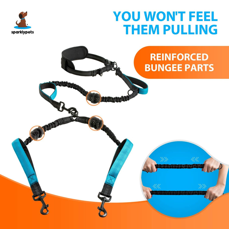 SparklyPets Hands Free Double Dog Leash – Dual Leash for Medium and Large Breeds – Lead for 2 Dogs with Padded Handles, Reflective Stitches, No Pull, Tangle Free Blue 2 dogs M/L