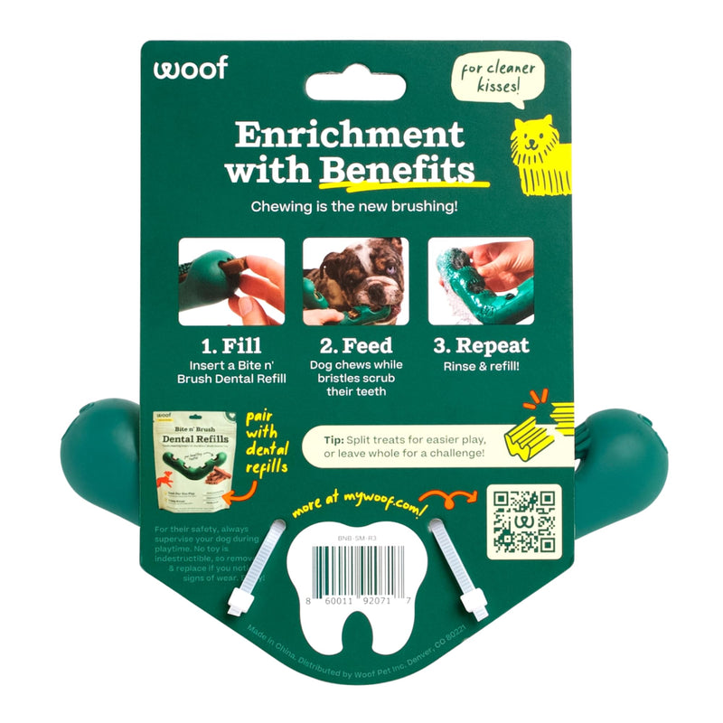 WOOF The Bite n' Brush - Dog Toothbrush Toy - Scrub Plaque and Tartar from Your Dog's Teeth and Mouth - Dog Dental Chew Toy - Small
