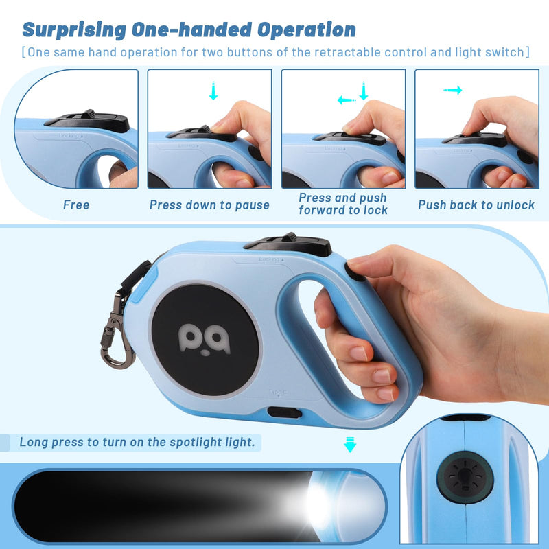 QQPETS Retractable Dog Leash with Rechargeable LED Light - 16 ft Strong Nylon Tape for Night Walks up to 88lbs Pet - 360° Tangle-Free One-Handed Brake, Pause, Lock (Blue) Blue