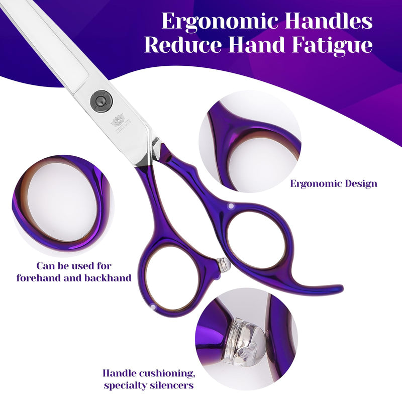 7” Dog Grooming Scissors Set – 6 in 1 Pet Grooming Kit with Curved, Thinning, Chunker & Straight Shears + Comb – 440C Stainless Steel Sharp Blades, Ergonomic & Quiet Design (Purple) Purple - PawsPlanet Australia