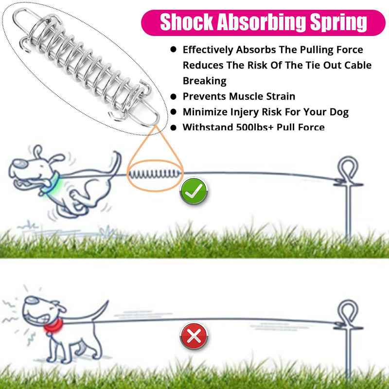 jenico Dog Tie Out Cable, 10/15/20/30/40/50/70/100/150FT Dog Runner Cable with Swivel Hook and Shock Spring, Dog Leash Run Tether for Yard Outdoor and Camping,for Small to Medium Pets Up to 500 LBS Pink 10FT