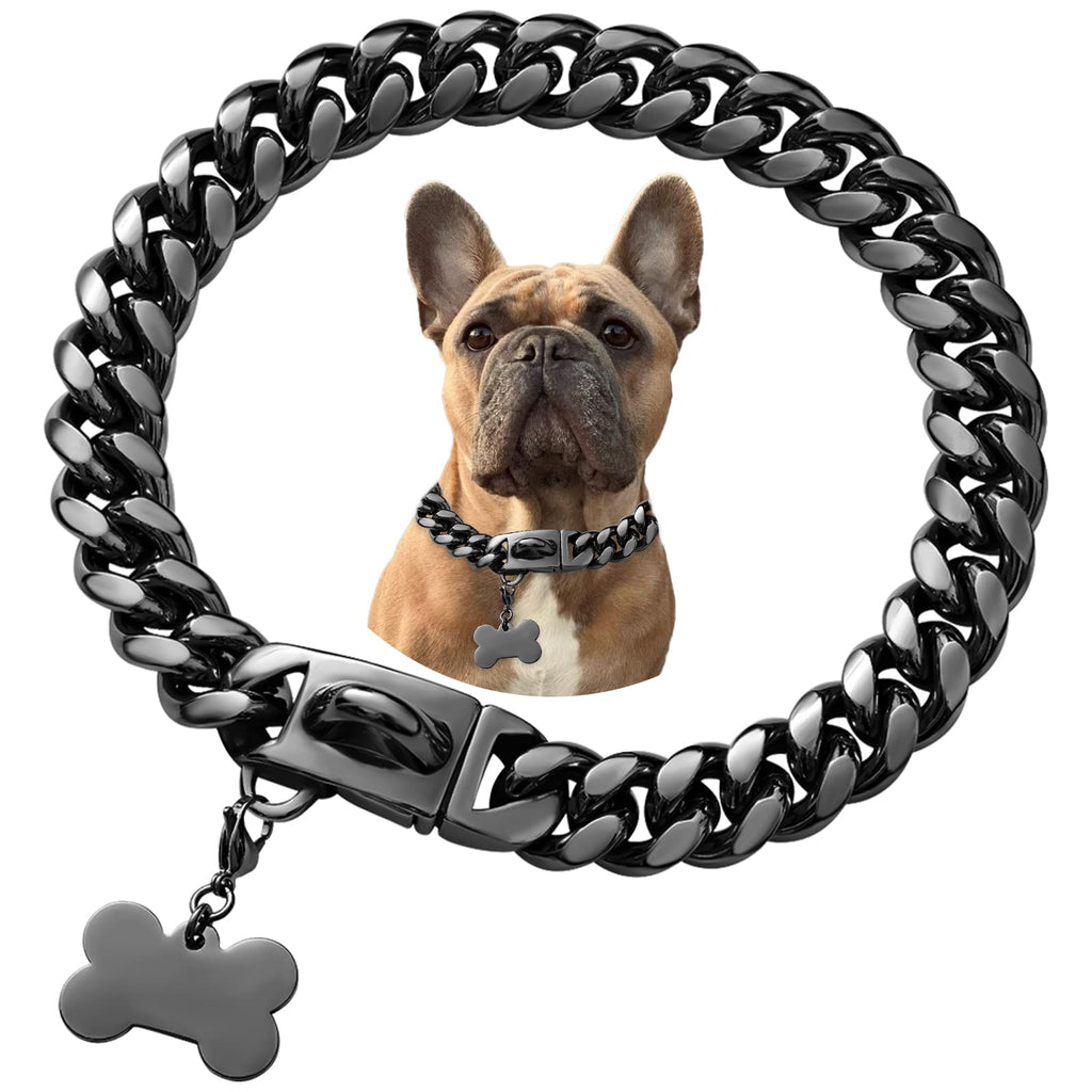 Stainless Steel Dog Collar, Cool Charm Bulldog Jewelry Necklace, Waterproof Rose Gold Black Silver Heavy Duty Curb Cuban Dog Collar The black Cuban 16 Inch