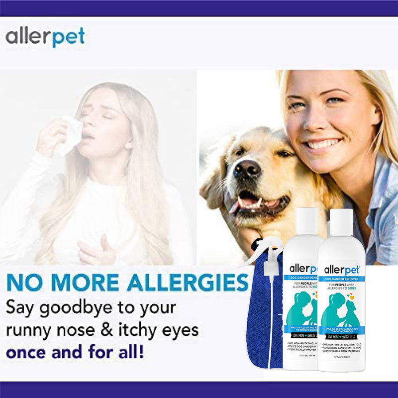 Allerpet Dog Dander Remover w/Free Applicator Mitt & Sprayer - Best Pet Dander Remover for Allergens - for Canine Dry Skin Treatment - Good for Fur & Skin - 2 Pack (12oz) 2 Pack w/ Applicator Mitt + Sprayer - PawsPlanet Australia