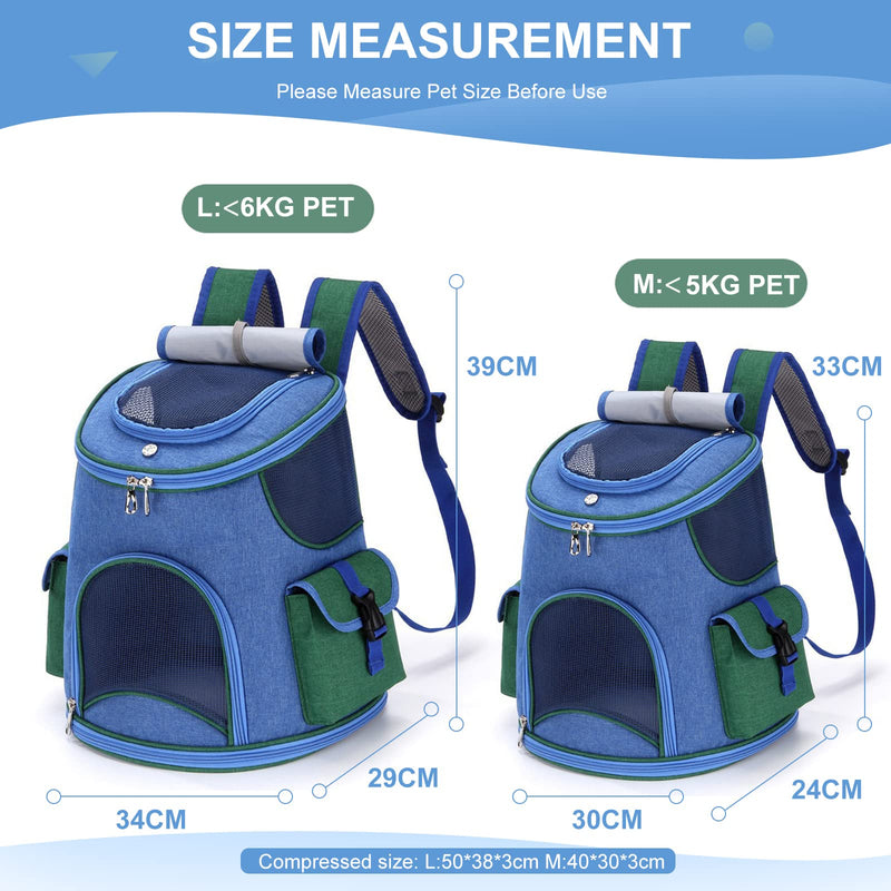 PETCUTE Cat Carrier Backpack for Cats and Small Dogs,Foldable Breathable Pet Carrier Backpack with Inner Safety Strap, Removable Mat,Dog Backpack Carrier with Side Pockets for Travel Camping Hiking M Dark Blue+Green - PawsPlanet Australia