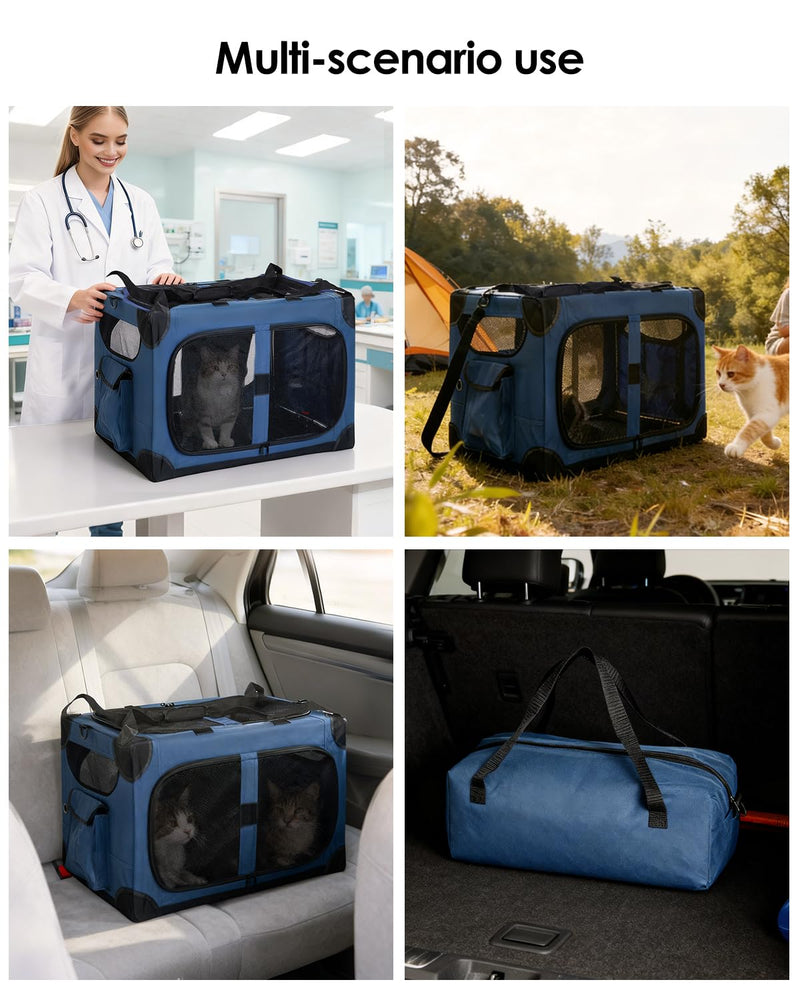 Extra Large Cat Carrier for 2 Cats, XL with Removable Divider, Foldable Soft-Sided Pet Carrier with Storage Tote, Portable Travel Crate for Large Cats, for Car & Home Use, 24" x 17" x 17" Blue