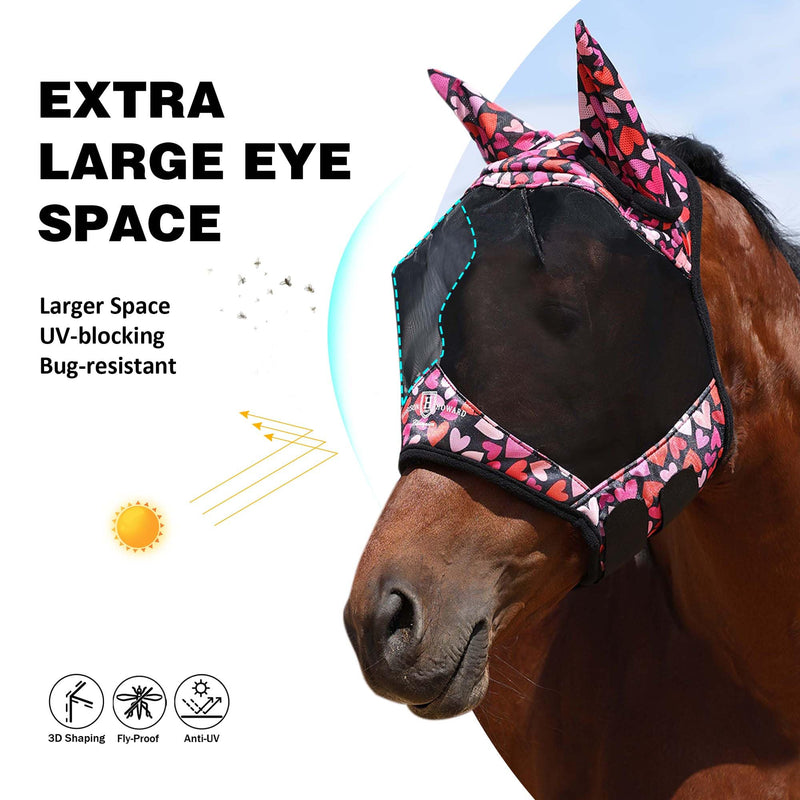 Harrison Howard Pro LumiVista Horse Half Face Fly Mask Large Eye Space with Ears UV Protection for Horse Cute Hearts M Medium - PawsPlanet Australia
