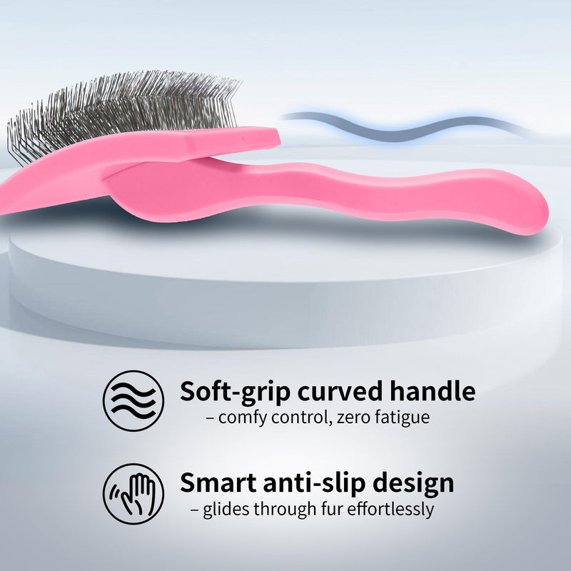 Pet Slicker Brush for Long & Short Hair - Detangling Tool for Dogs & Cats - 135° Angled Stainless Steel Pins, Curved Handle - Gentle Grooming for Small/Medium/Large Breeds (Pink) Pink - PawsPlanet Australia
