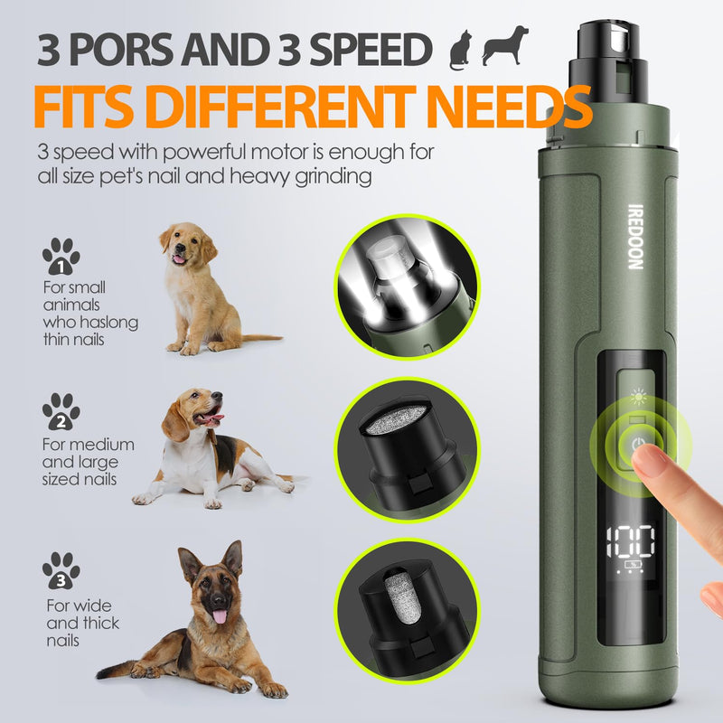 IREDOON Dog Nail Grinder Upgraded - Professional 3-Speed Super Quiet and Low Vibration Electric Pet Nail Grinder with 4 LED Lights - Painless Paws Grooming & Smoothing for Small to Large Dogs (Green) green - PawsPlanet Australia
