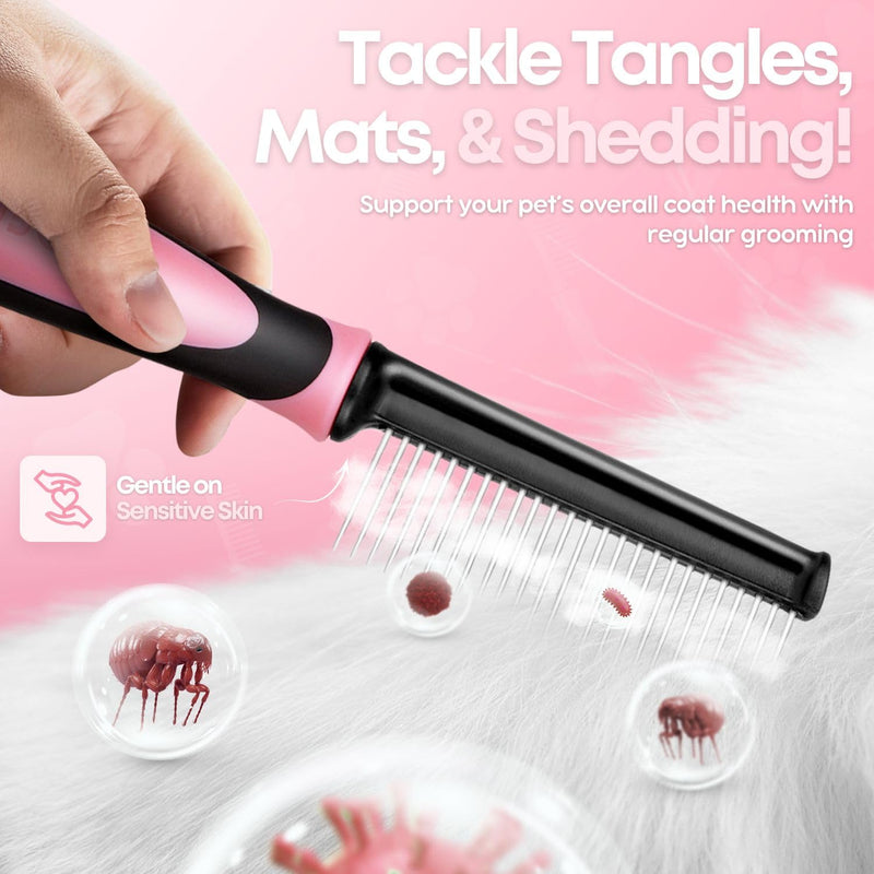 Flexzion Metal Pet Comb for Cats & Dogs - Sturdy Stainless Steel Rounded Teeth with Non-Slip Soft Grip Handle Easy to Use Grooming Detangling Cat Combs for Indoor Cats, Pink