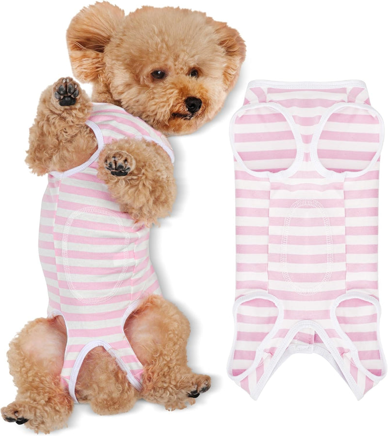 Comprehensive Post-Surgery Dog Recovery Suit: Ultra-Comfy Premium Cotton Wound Care Shirt – Protective for Puppies, Cats & Small Pets, Ensuring Unrestricted Mobility, Size XXL Pink and White Striped XXL-(22~32lb) | Chest(~21.5")