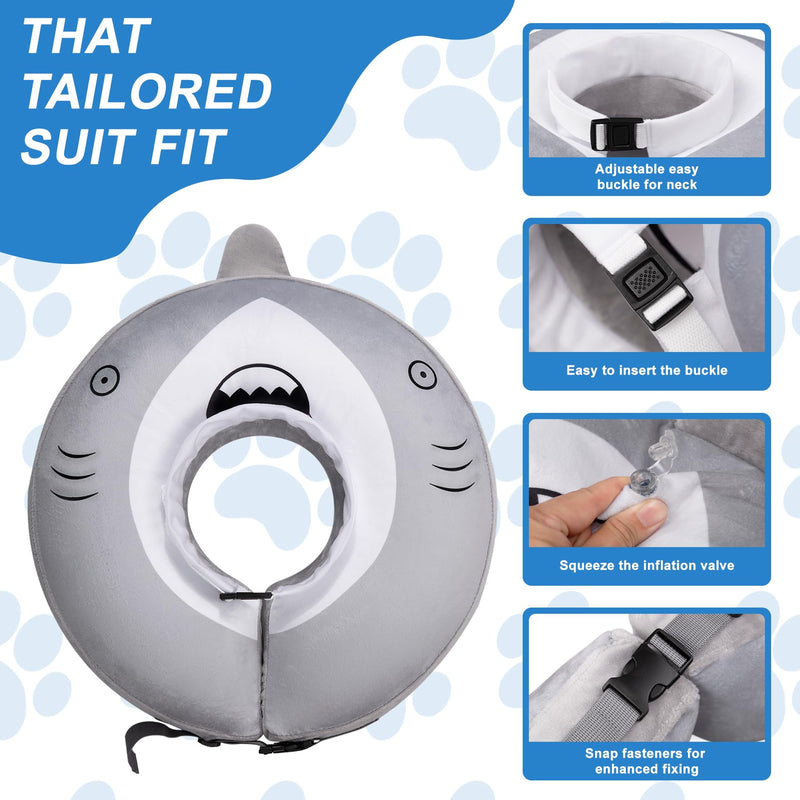 Dog Cone Inflatable Widen Dog Neck Donut Collar, Soft Cone Alternative After Surgery for Large Medium Small Dogs to Stop Licking, Shark, X-Large Grey Shark