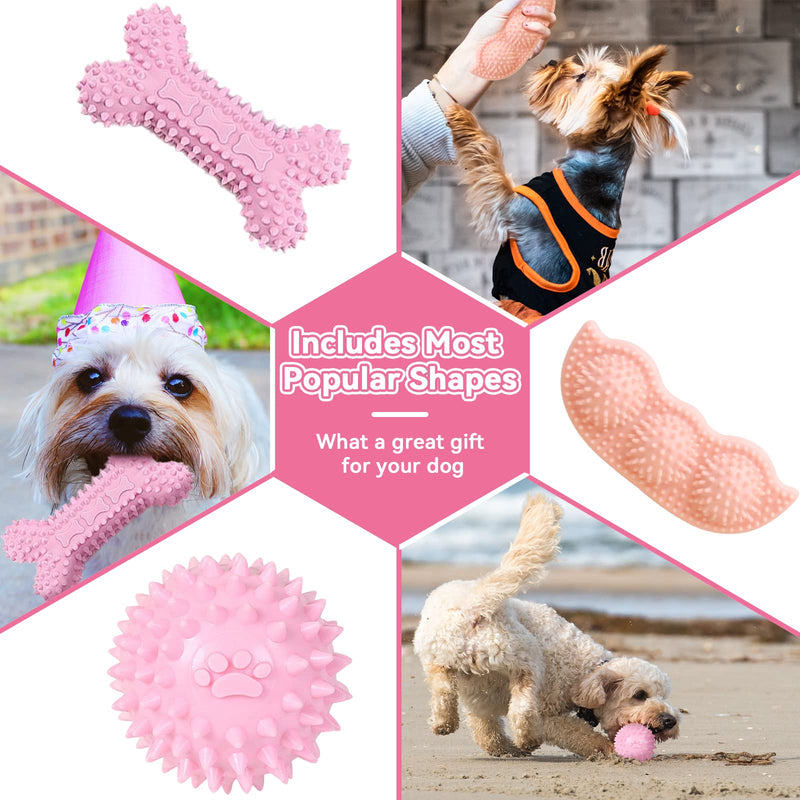 6 Pack Puppy Chew Toys for Teething - Cute Pink Soft Rubber Rope Balls for Small Dogs, Yorkies - Fun Bones Clean Teeth S