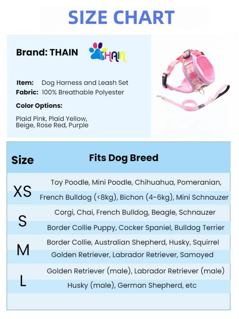 THAIN Reflective Dog Harness & Leash Set – No-Pull Design, Adjustable & Comfortable for Small Dogs (XS, Yellow Plaid) XS - PawsPlanet Australia