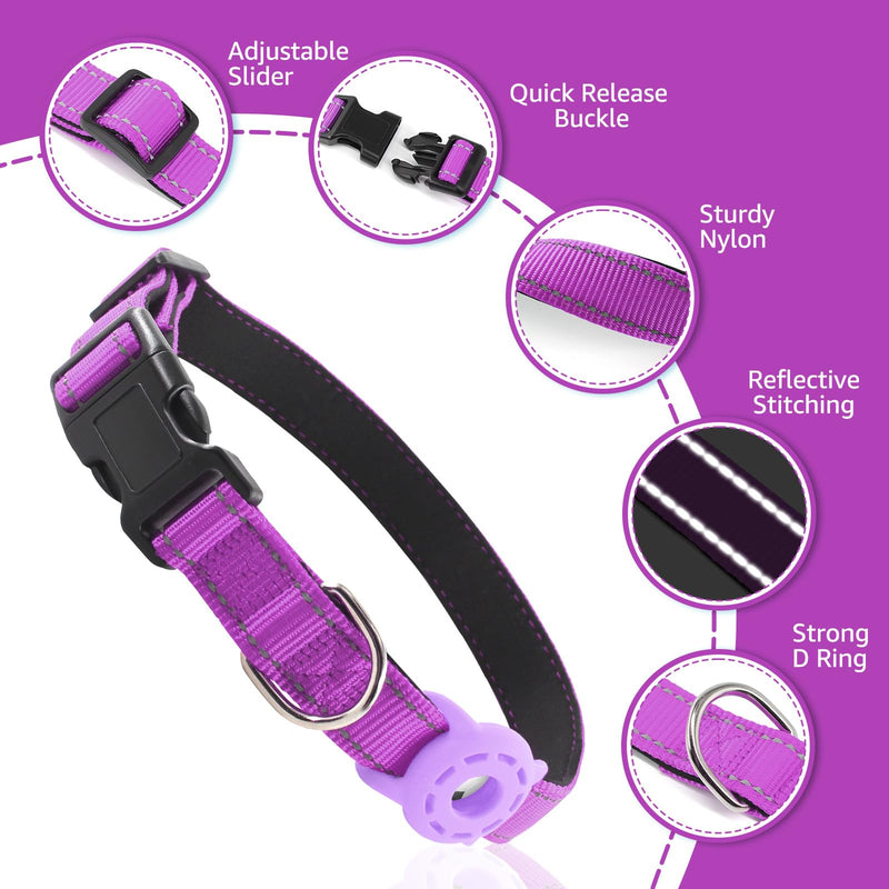 Kuley AirTag Dog Collar and Reflective Leash Set Bundle with Airtag Holder Case,Adjustable Padded Nylon Pet Collar for Small Medium Large Dogs(Purple, Medium) Purple - PawsPlanet Australia